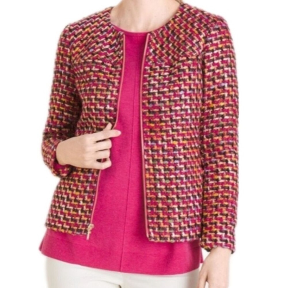 Chico's Color Pop Tweed Jacket with a zip front in Pink Multi-colored Size 4/6